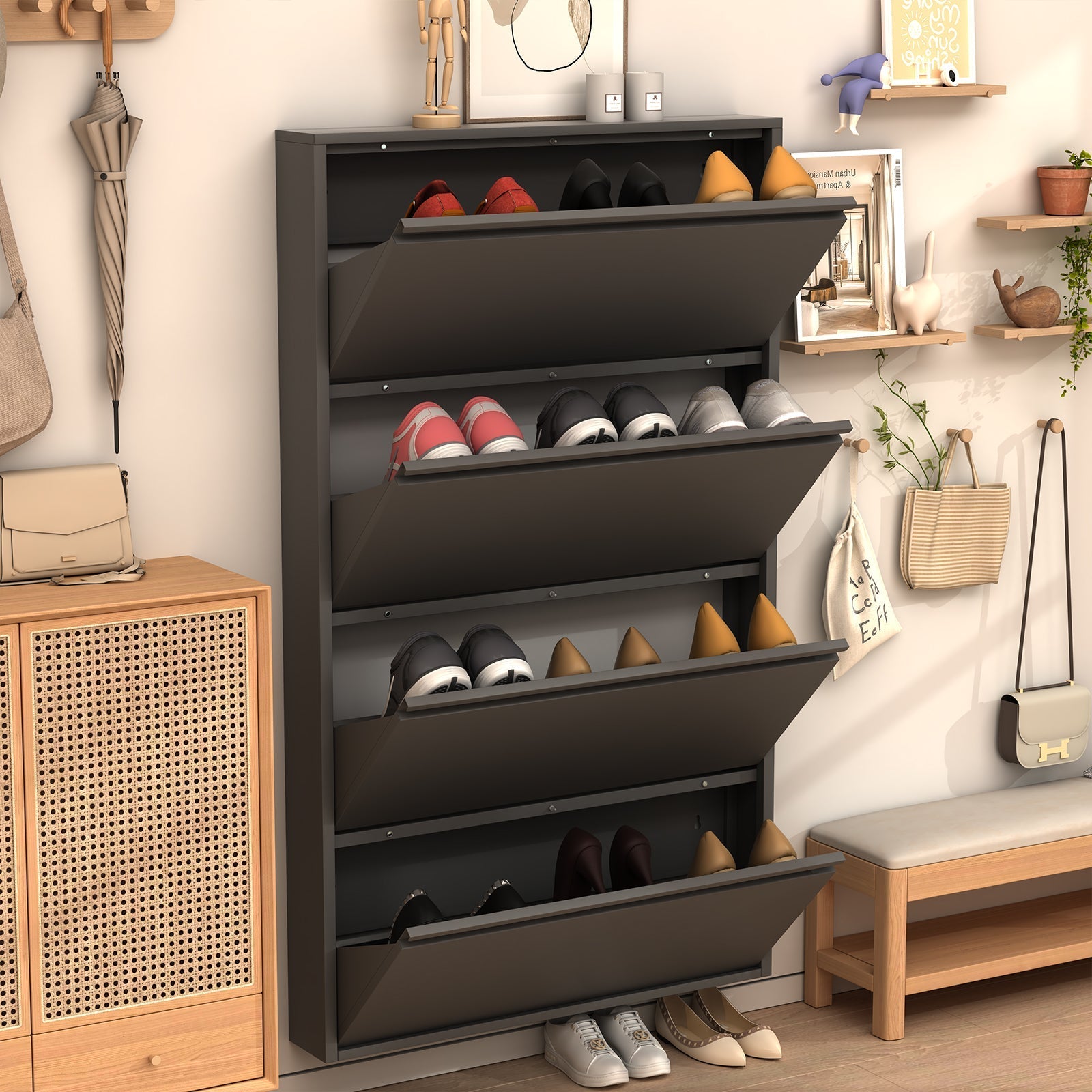 Metal Shoe Cabinet 4 Flip Drawers Narrow Wall Mount Black