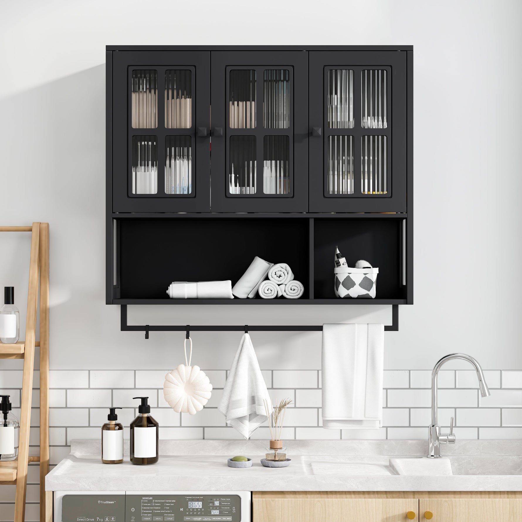 Bathroom Wall Cabinet 3-Door Wooden Glass Door Towel Bar, Black