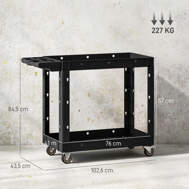 Workshop trolley, 2 levels, side handle, hook holes, 227 kg load capacity, black
