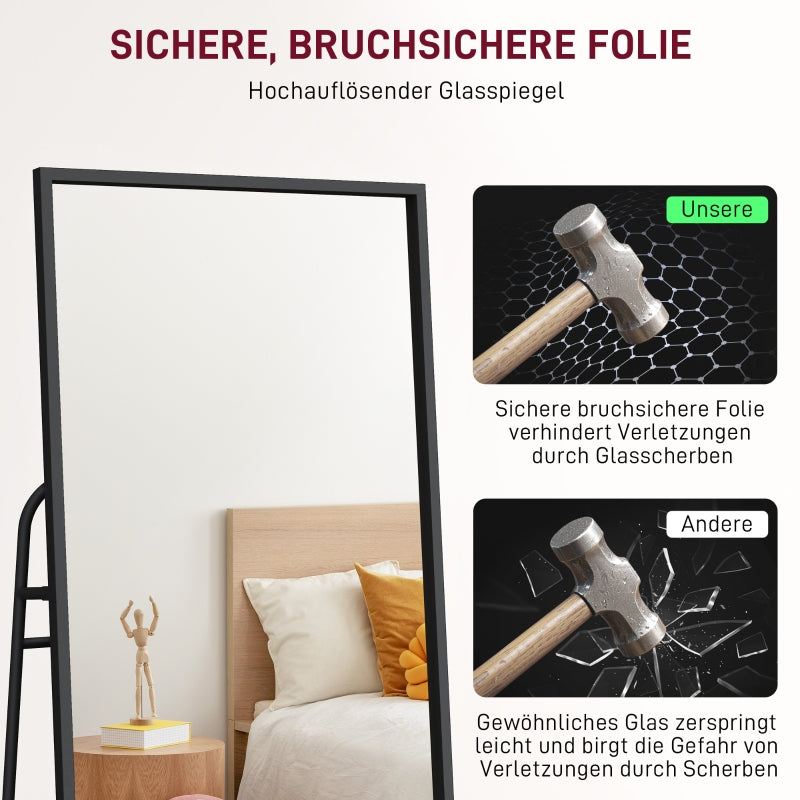 Full-Length Mirror, Industrial Design, Rear Shelf, 2 Hooks, Metal, Black