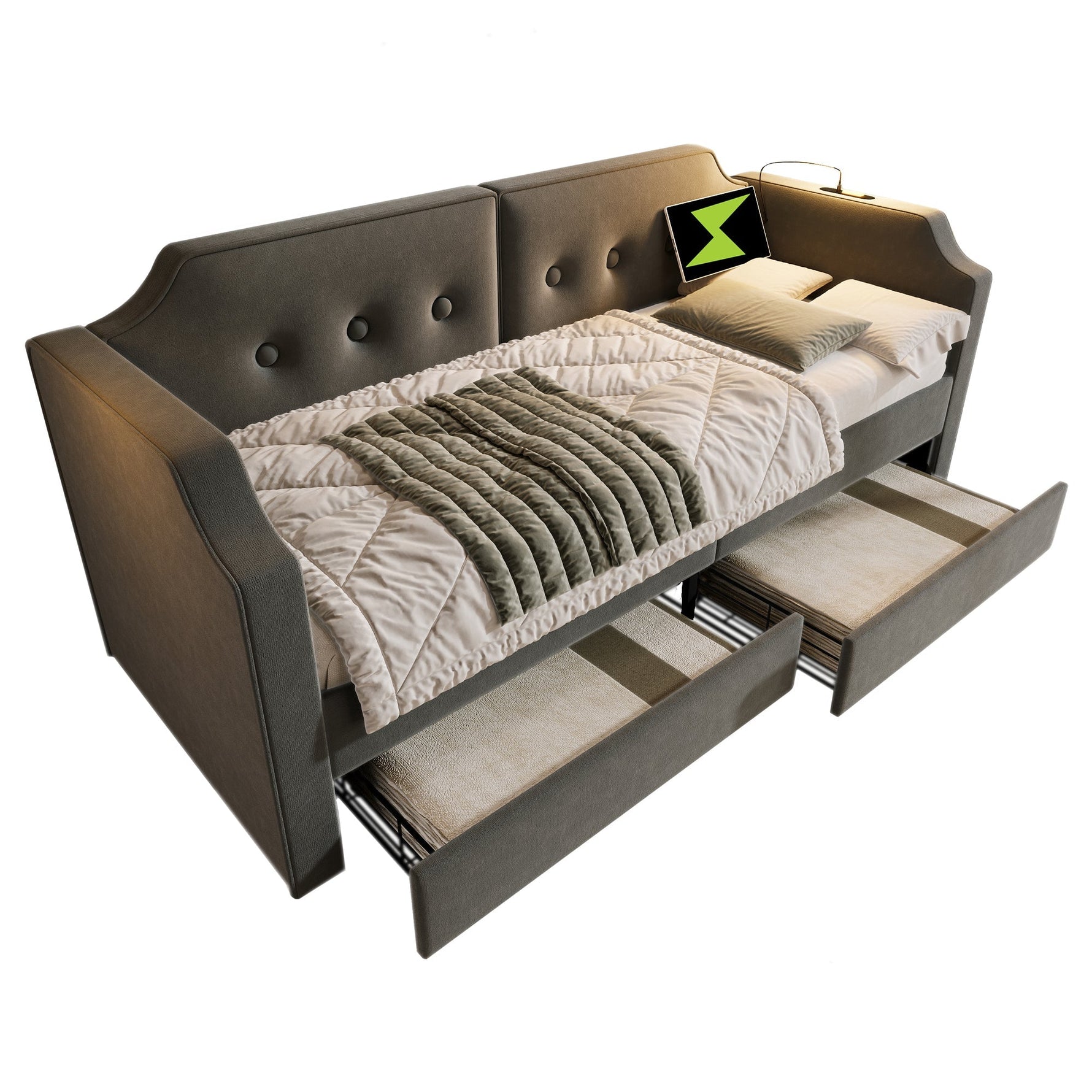 Sofa Bed 90x200 cm, USB-C Reading Light, 2 Storage Drawers, Velvet Gray