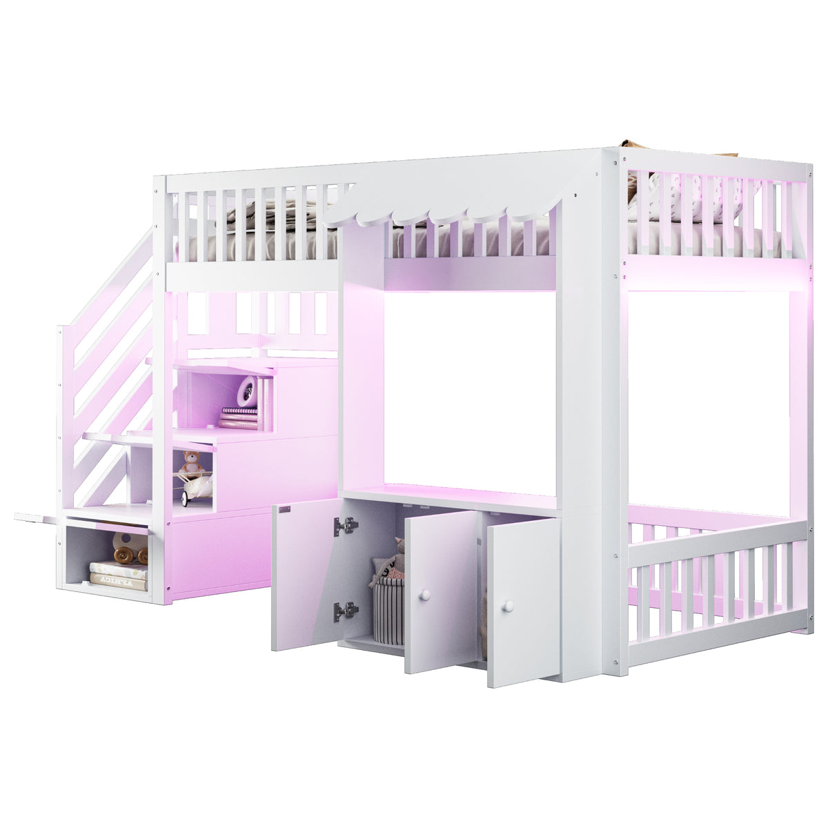 Wooden Loft Bed 90x200cm with Wardrobe & Storage Stairs, White