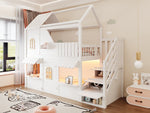 Children's House Bunk Bed 90x200cm with Storage Ladder & LED, White
