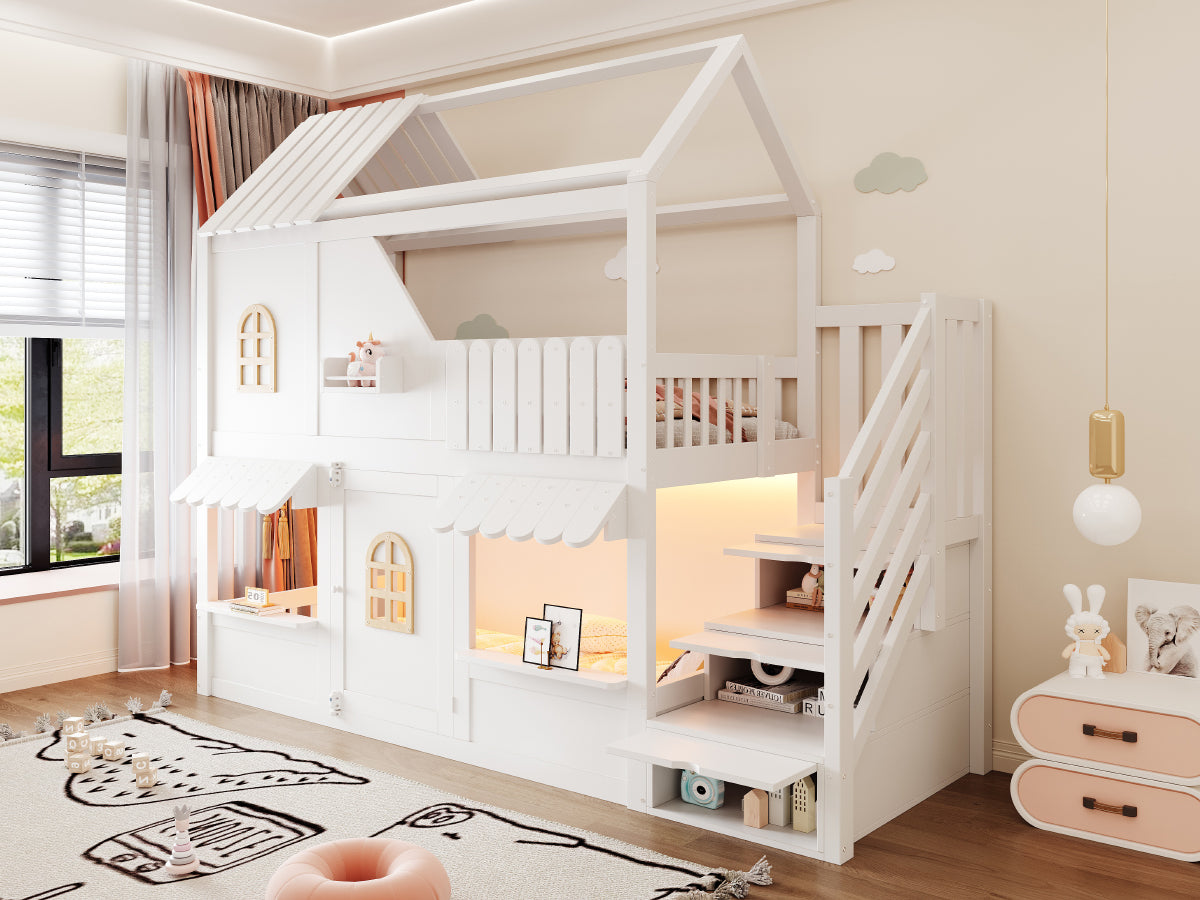 Children's House Bunk Bed 90x200cm with Storage Ladder & LED, White