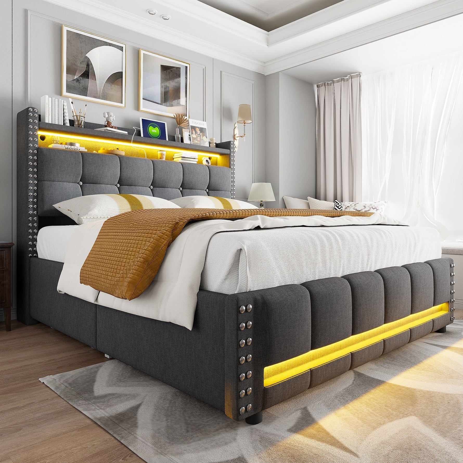 Upholstered Bed 140x200cm, LED & USB, 4-Drawer Storage, Linen Gray