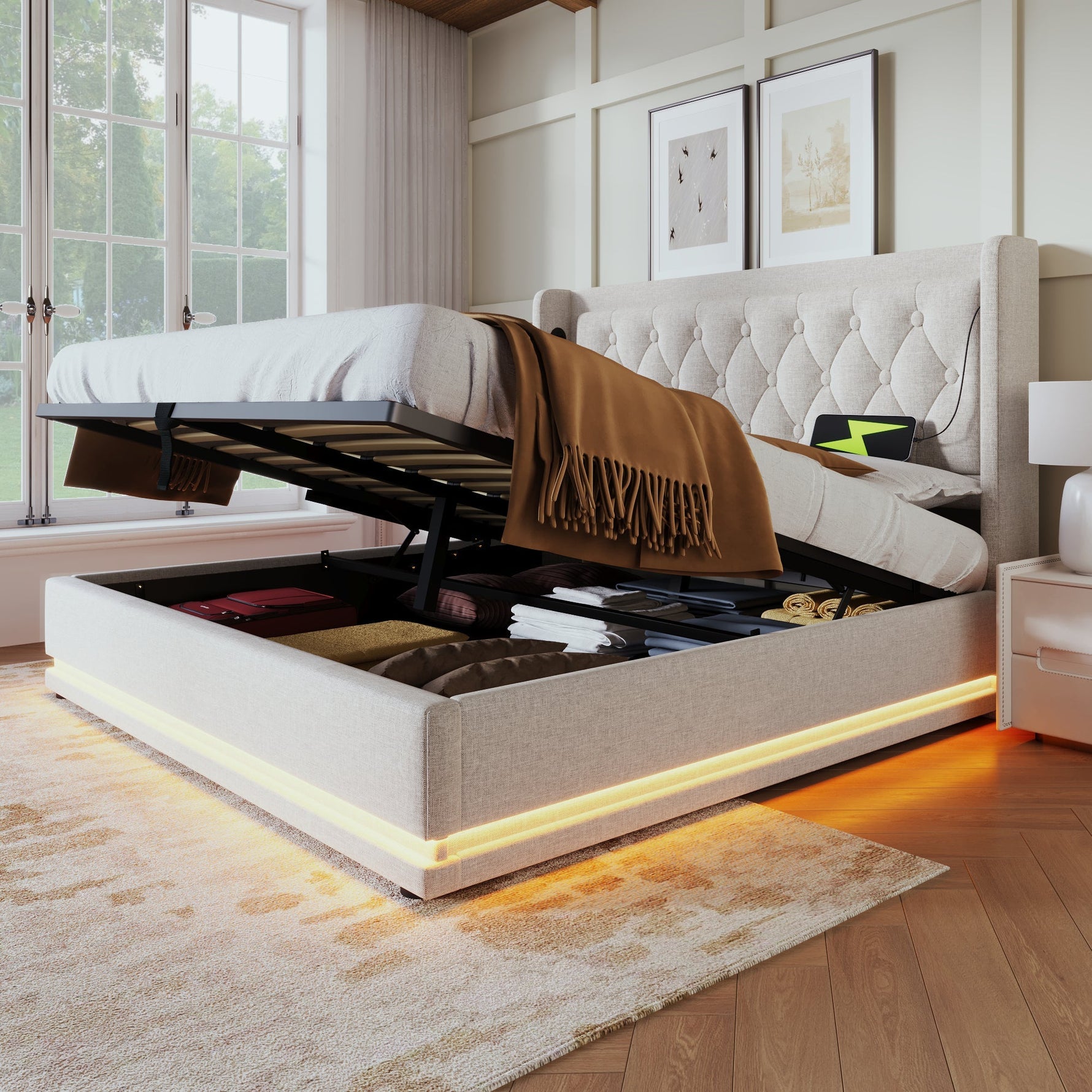 Upholstered Double Bed with Hydraulic Storage, USB and LED, 180x200cm, Beige Cotton