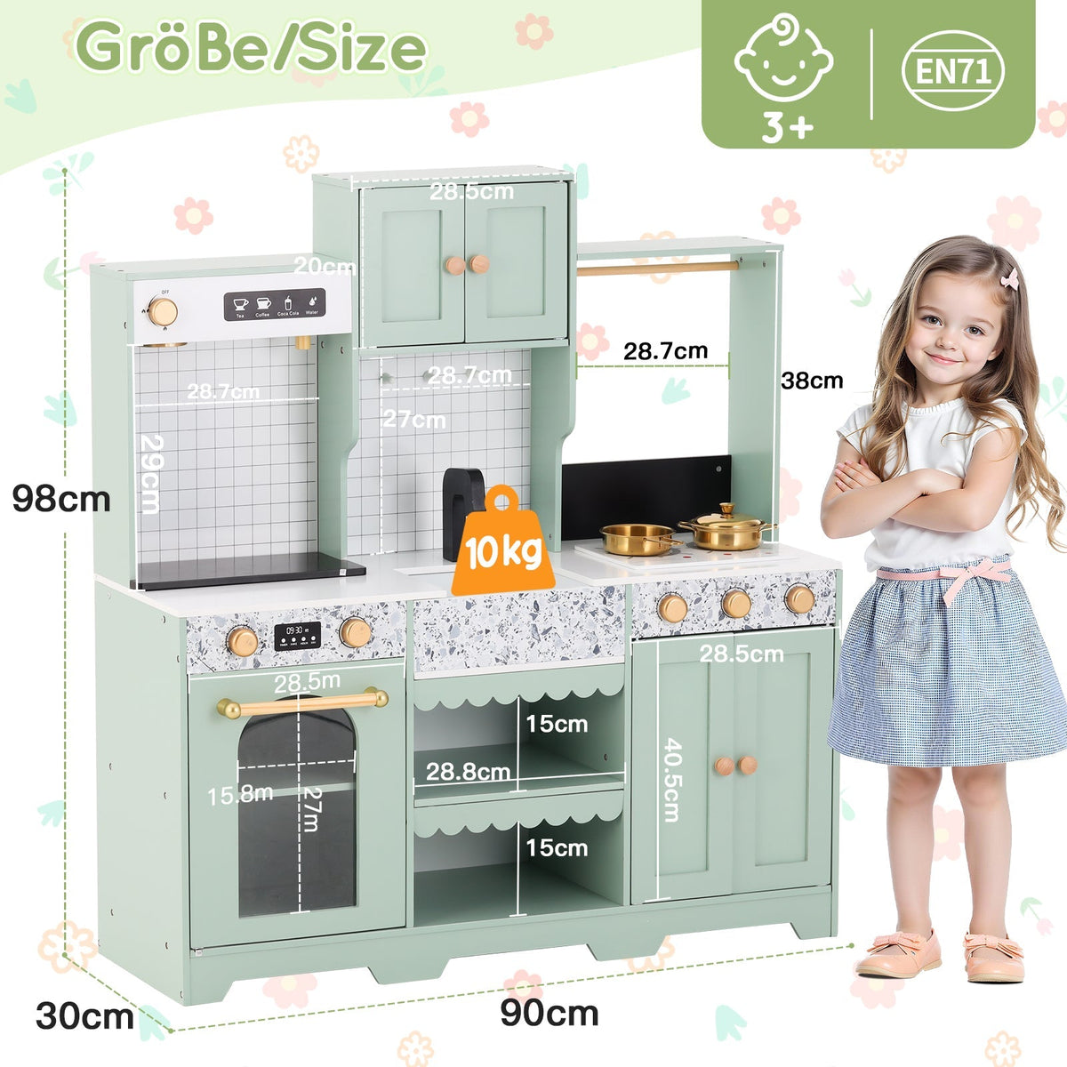 Children's Play Kitchen with Accessories and Creative Design, Green Wood and Plastic