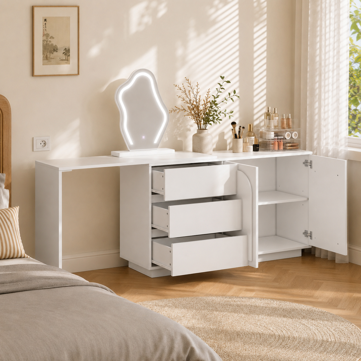 Dressing Table with LED Mirror & Extendable Tabletop, White