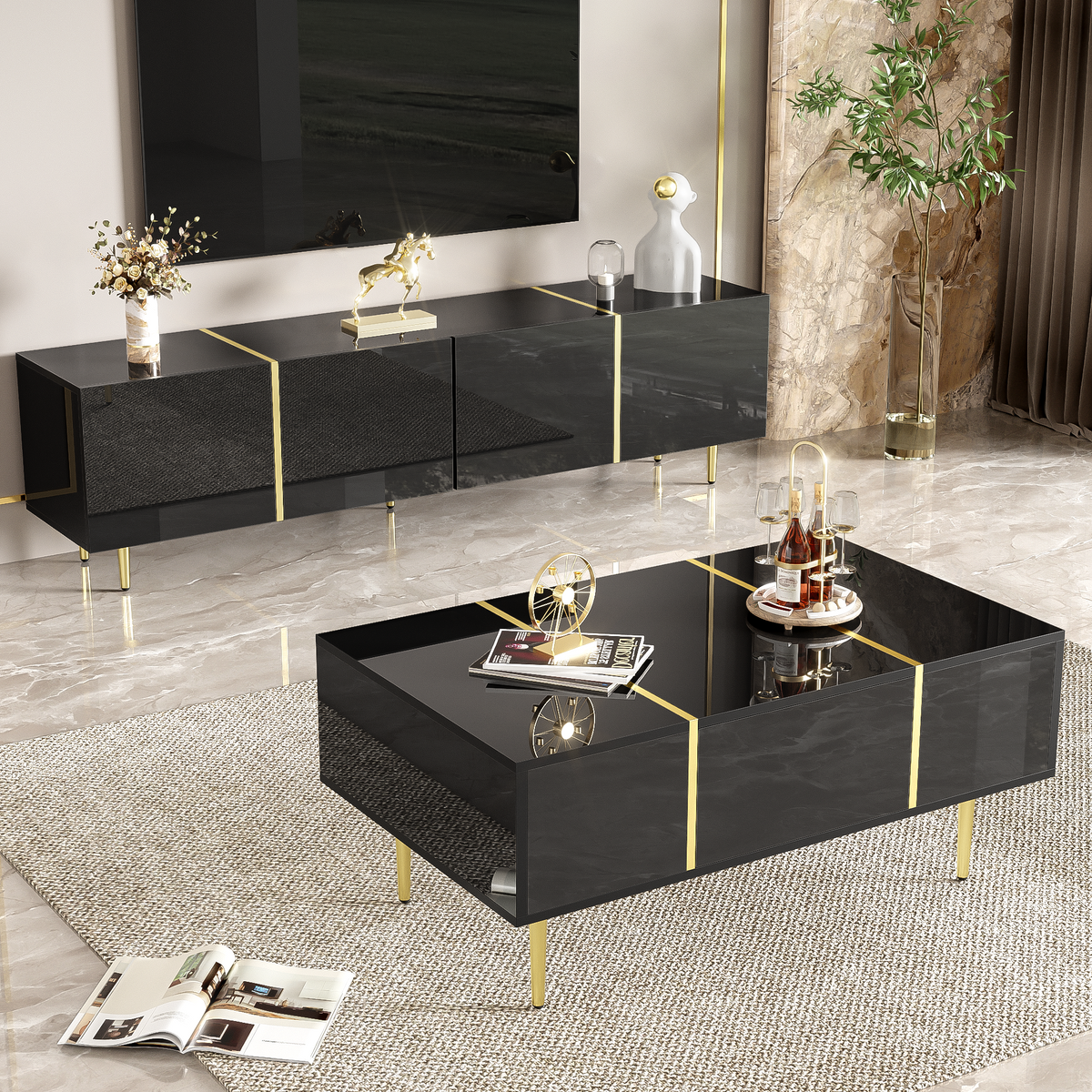 TV Cabinet and Coffee Table Set, High Gloss, Black