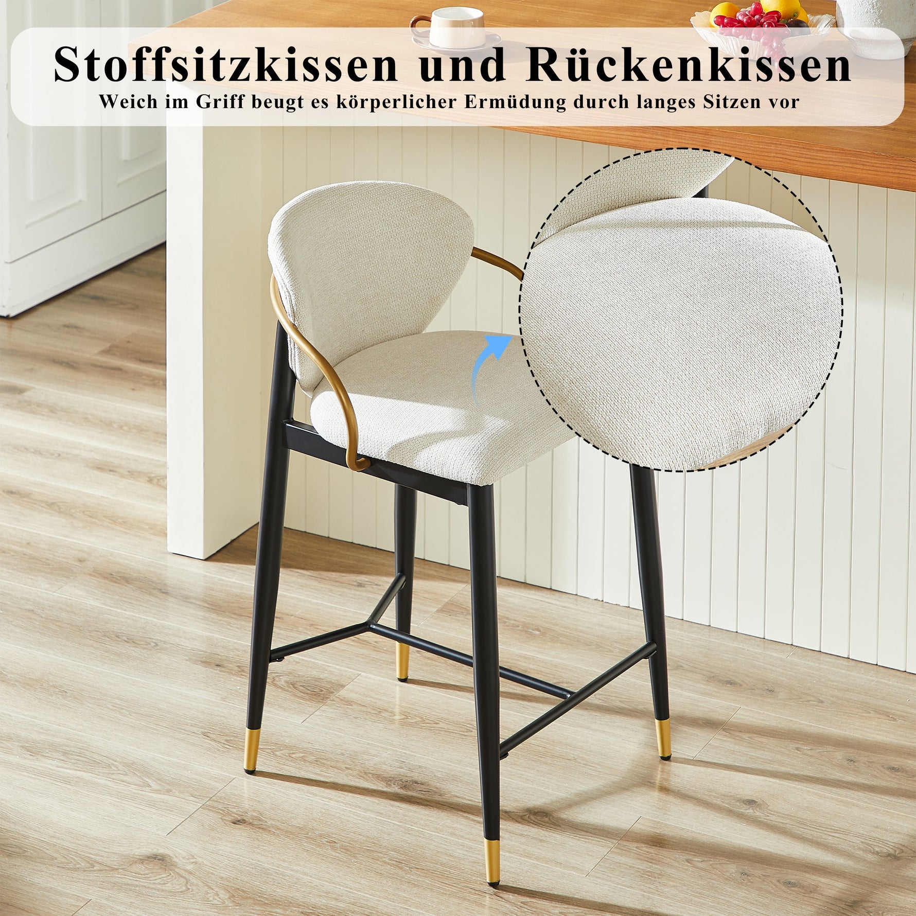 Height-adjustable Bar Stool Set of 2 with Backrest and Footrest, Beige Chenille
