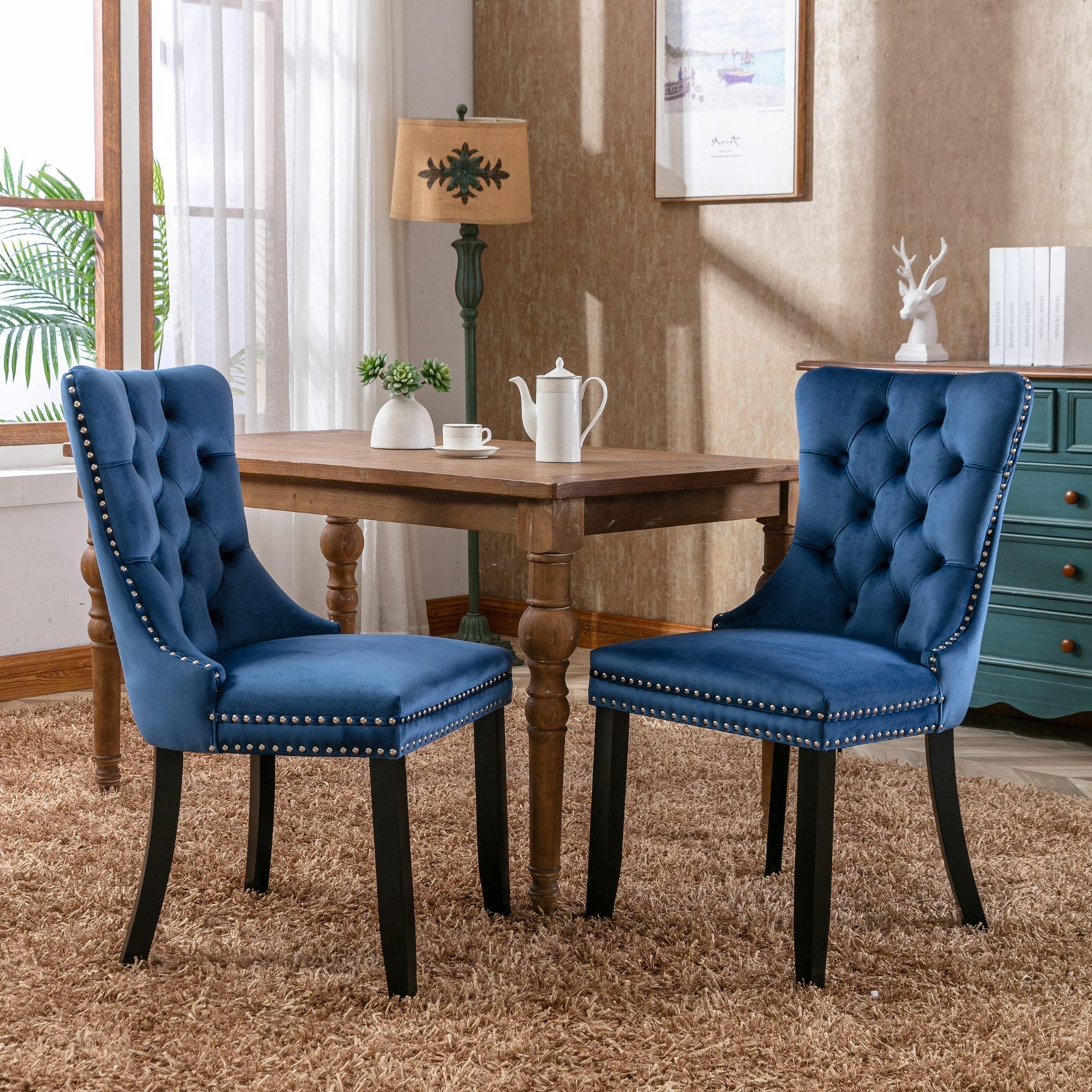 Nikki Collection Tufted Velvet Upholstered Dining Chair Nailhead Trim 2-Pcs Set - Blue