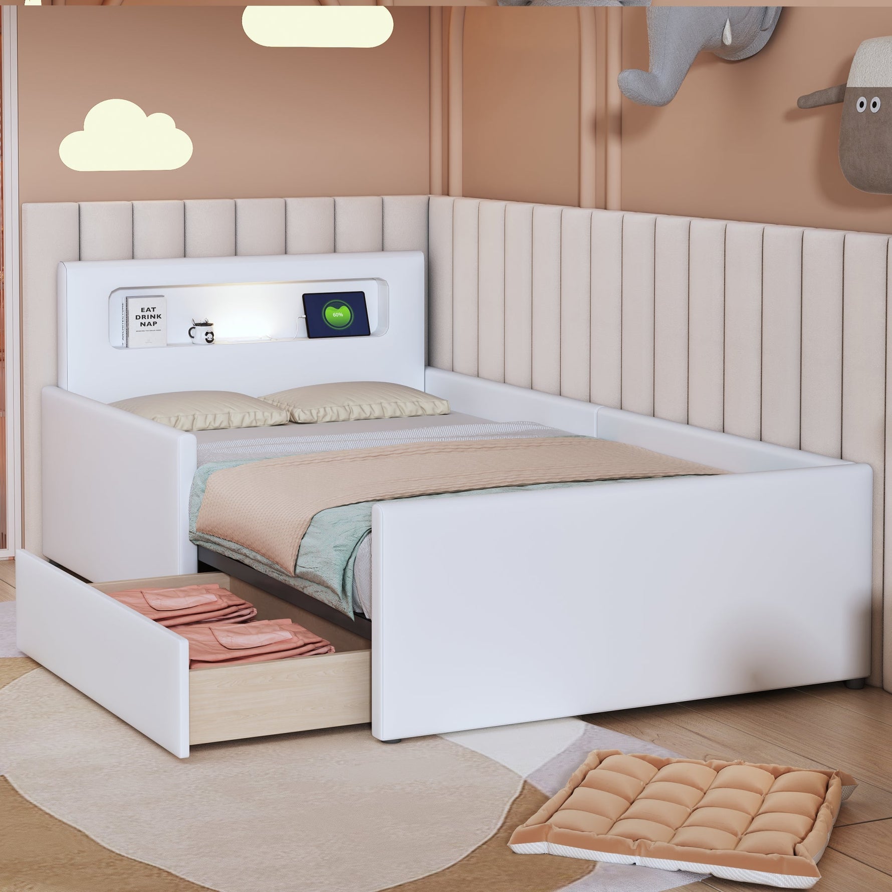 Upholstered Children's Bed 90x200cm Night Light USB Storage Faux Leather White
