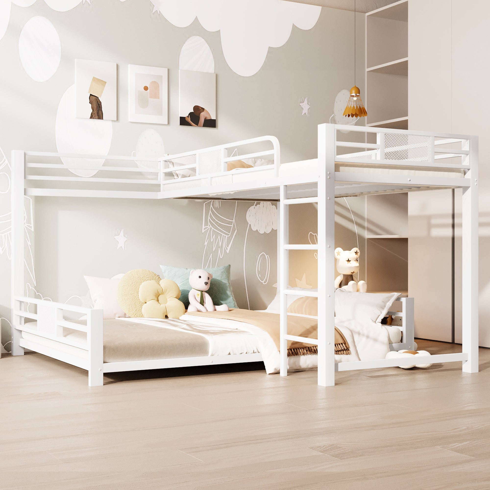 L-Shaped Bunk Bed with 90x200 and 140x200 Metal Frame, White