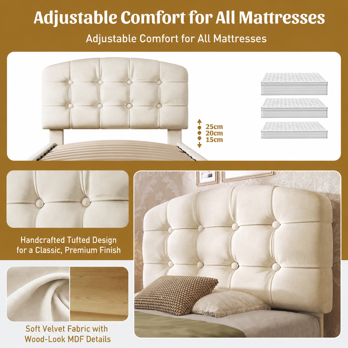 Upholstered Single Bed with Storage and Adjustable Headboard, 90x200cm, Beige Velvet