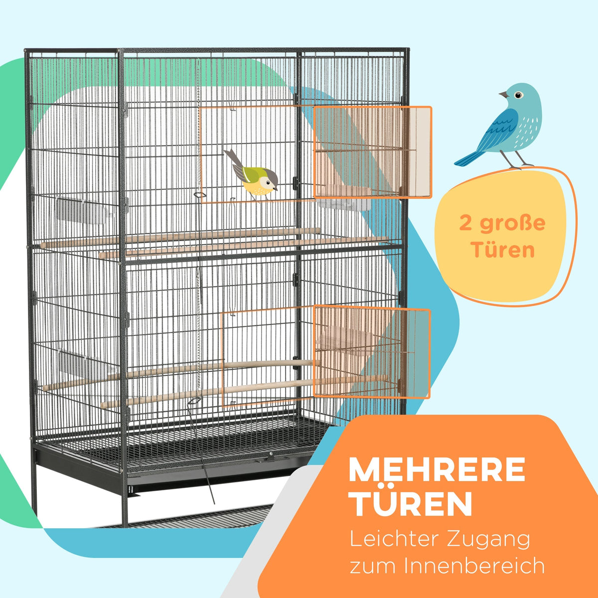 Bird Cage Aviary, Perches, Shelf, Doors, Wheels, Grey