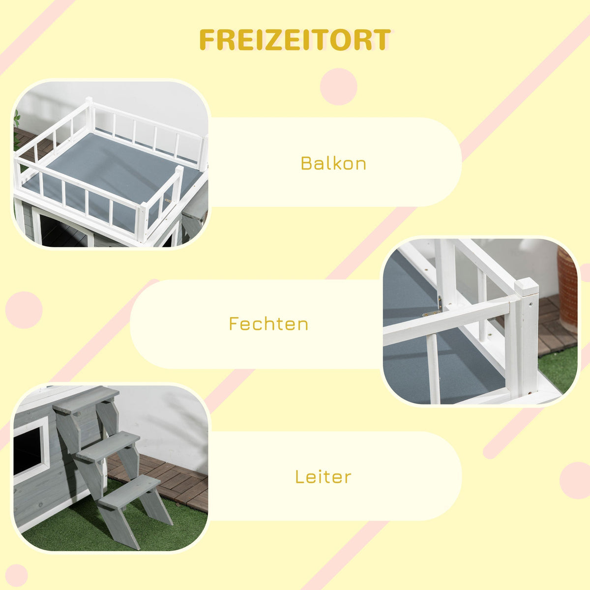 Dog House with Balcony, Stairs, Raised Window, Fir Wood