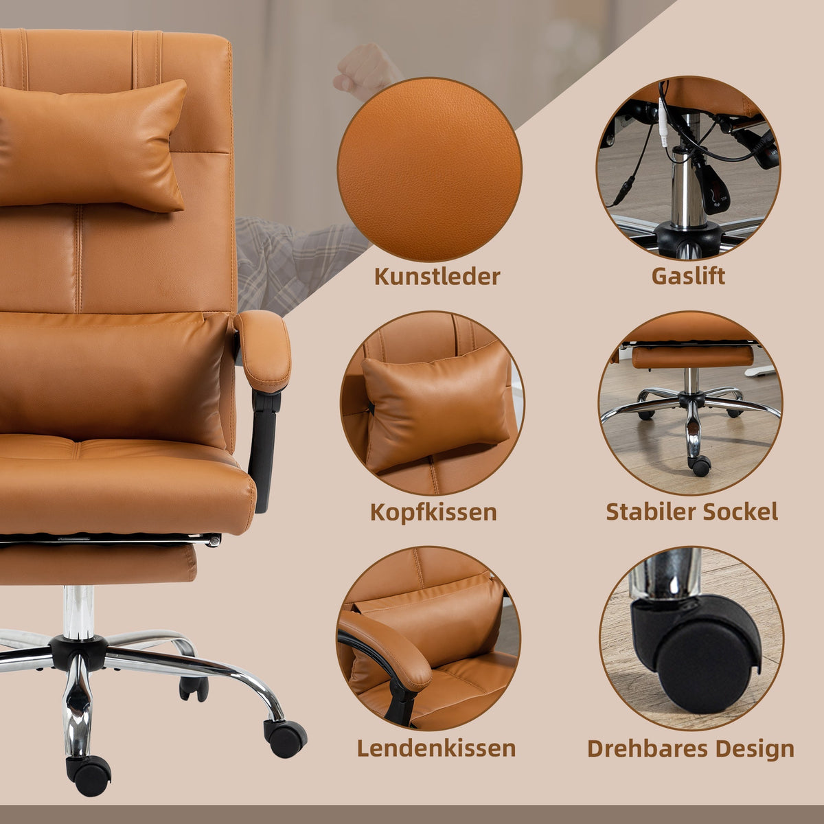 Office Chair, Massage Lumbar Heating 6-Point Faux Leather, Light Brown