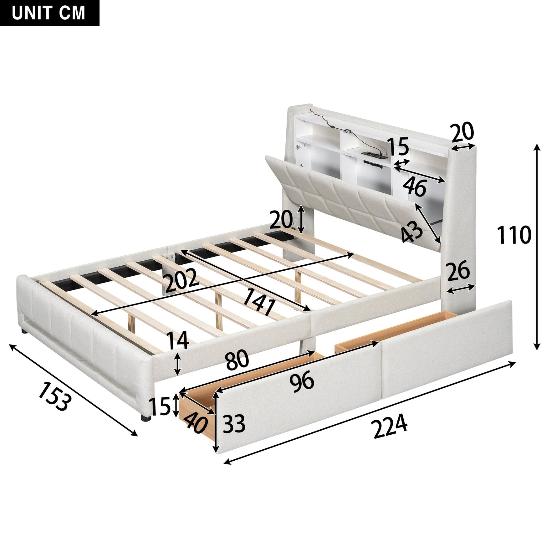Upholstered Bed 140x200cm App Control LED Drawers USB/Sockets - Linen Beige