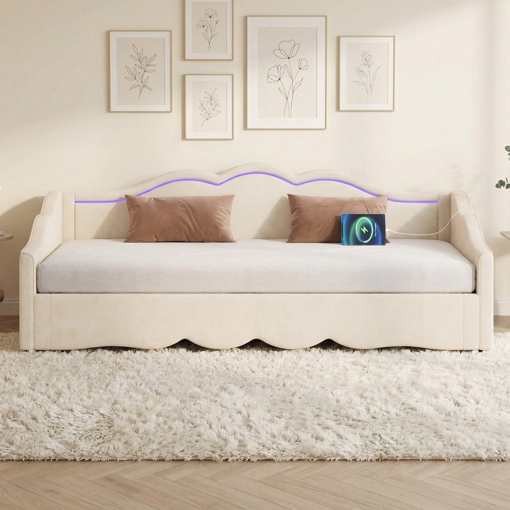 Upholstered Daybed, 90x200cm Extendable to 180cm with LED and USB Port, Beige Velvet