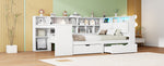 L-shaped Platform Bed 140x200 with Desk Bookshelf Upholstered Headboard Drawers LED Light White Wood