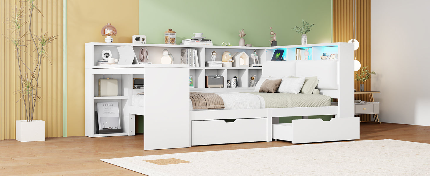 L-shaped Platform Bed 140x200 with Desk Bookshelf Upholstered Headboard Drawers LED Light White Wood