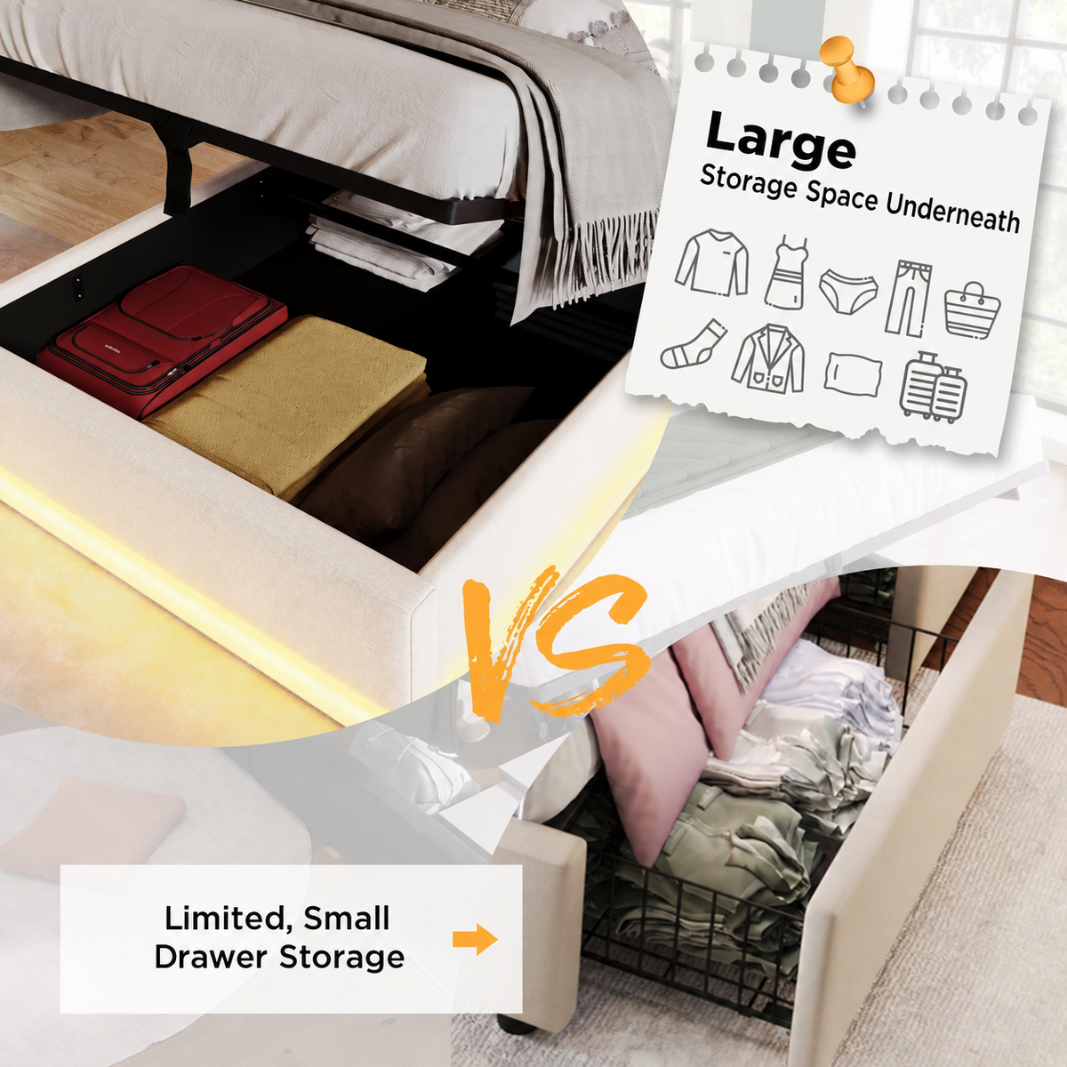 Rathcoole Single - Upholstered Single Bed, Hydraulic Storage with USB & LED, Beige Cotton