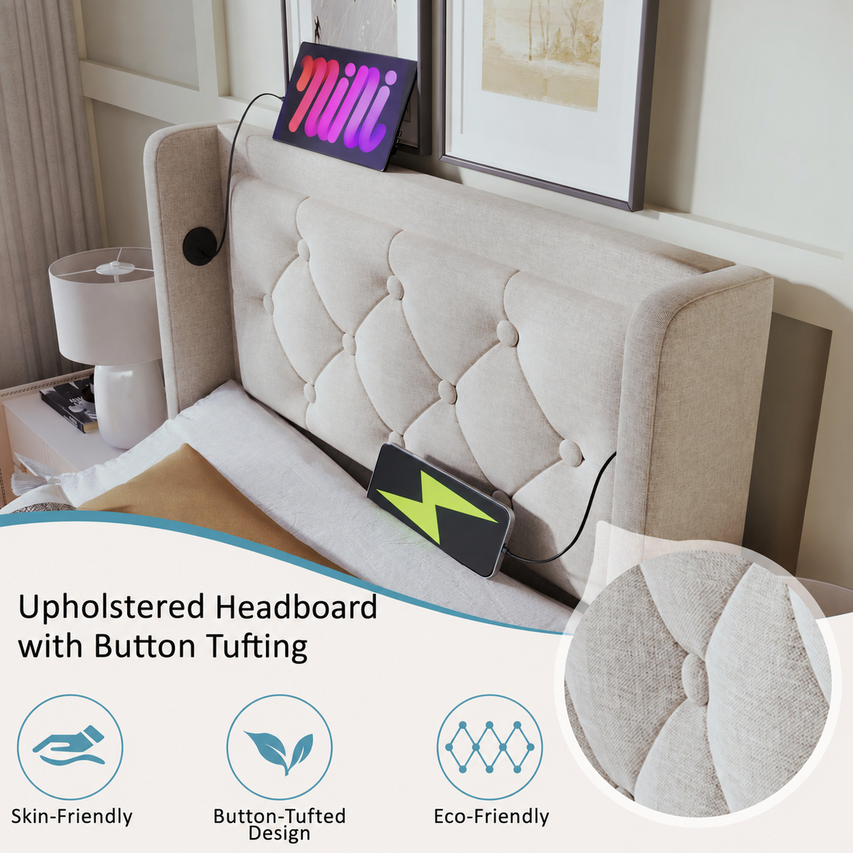 Rathcoole Single - Upholstered Single Bed, Hydraulic Storage with USB & LED, Beige Cotton
