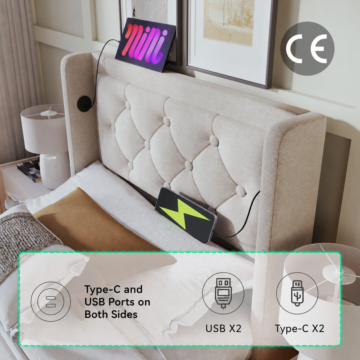 Rathcoole Single - Upholstered Single Bed, Hydraulic Storage with USB & LED, Beige Cotton