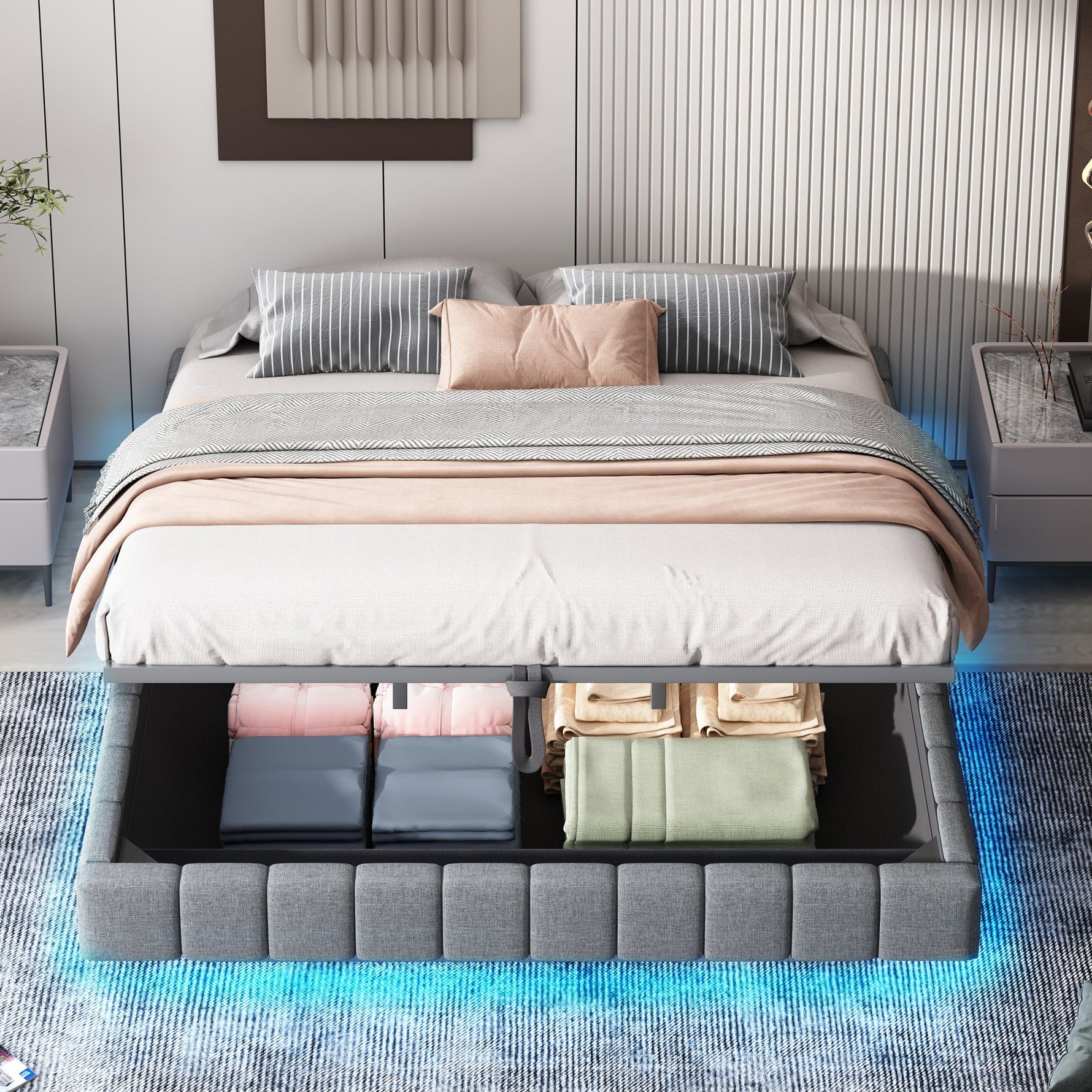 Upholstered Bed 180x200cm Hydraulic Storage LED Light Floating Frame, Linen Grey