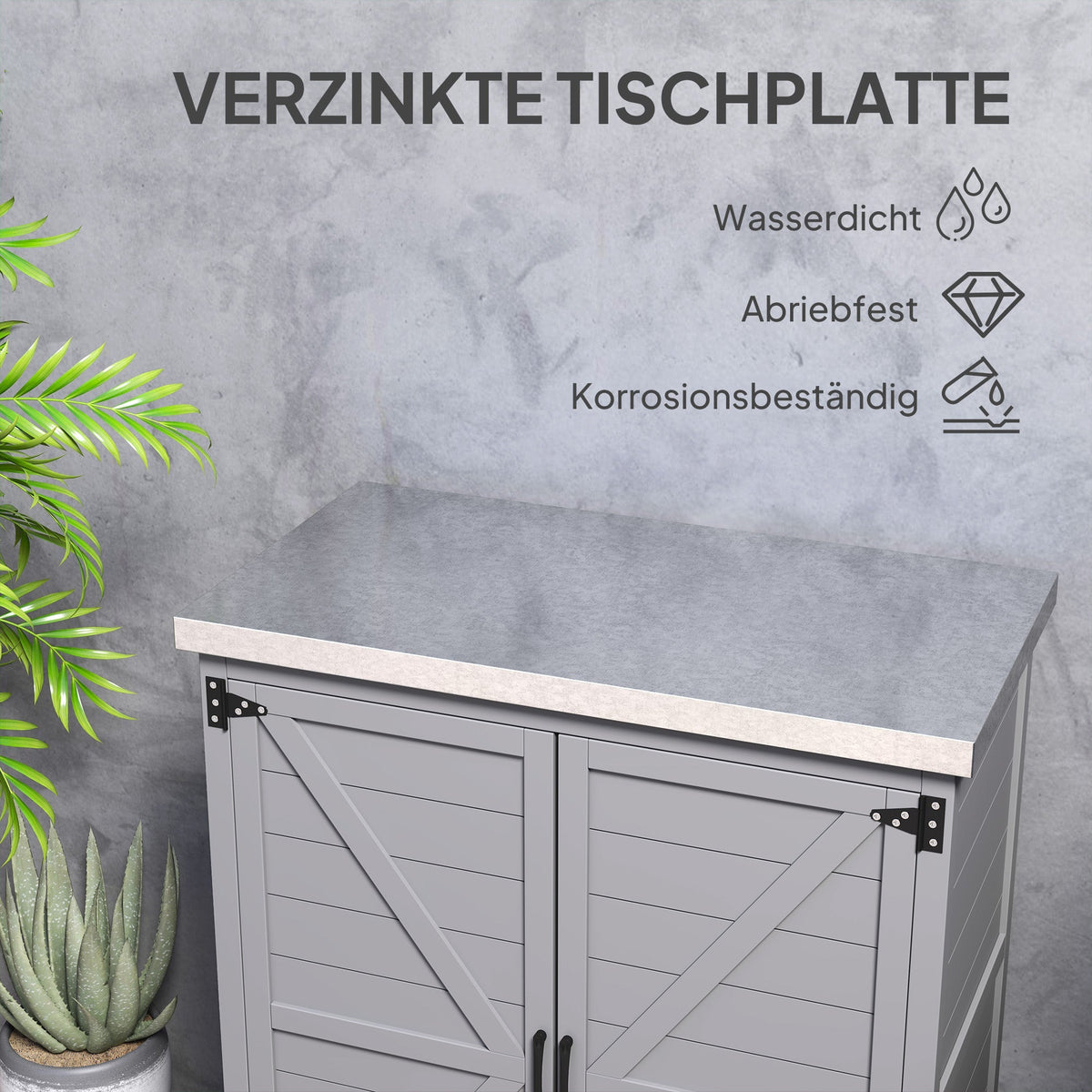 Wooden Garden Shed Outdoor Storage Cabinet with Worktop, Double Doors, Shelf, Grey
