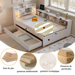 Single Panel Bed, Storage Headboard Lights Charging Drawers 90x200cm, White Pine/MDF