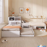 90x200 L-Shaped Platform Bed with Trundle & Storage, White