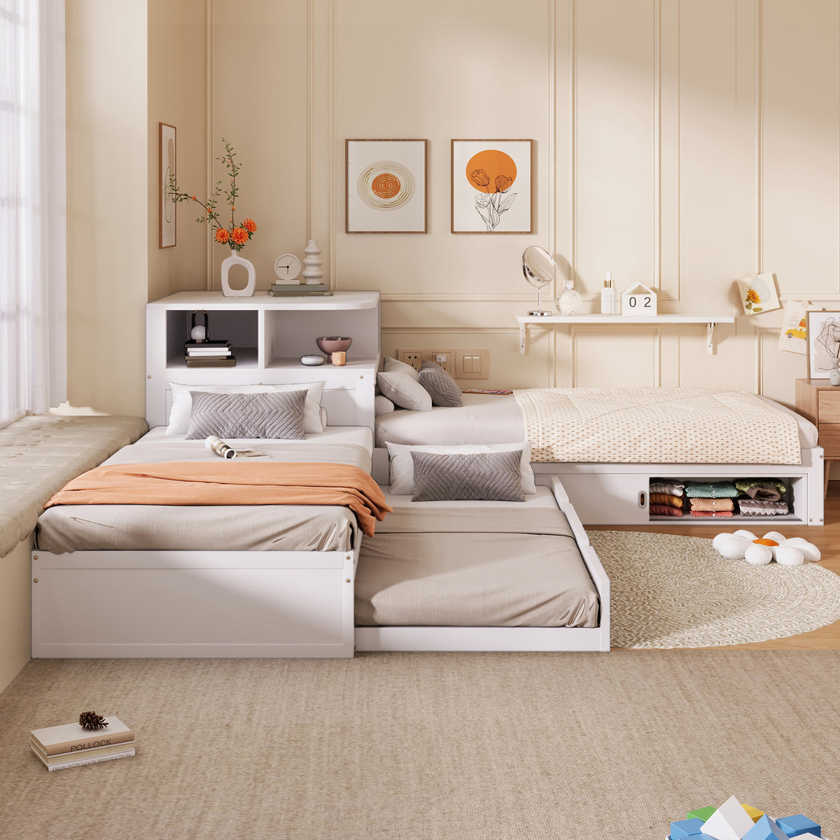 90x200 L-Shaped Platform Bed with Trundle & Storage, White