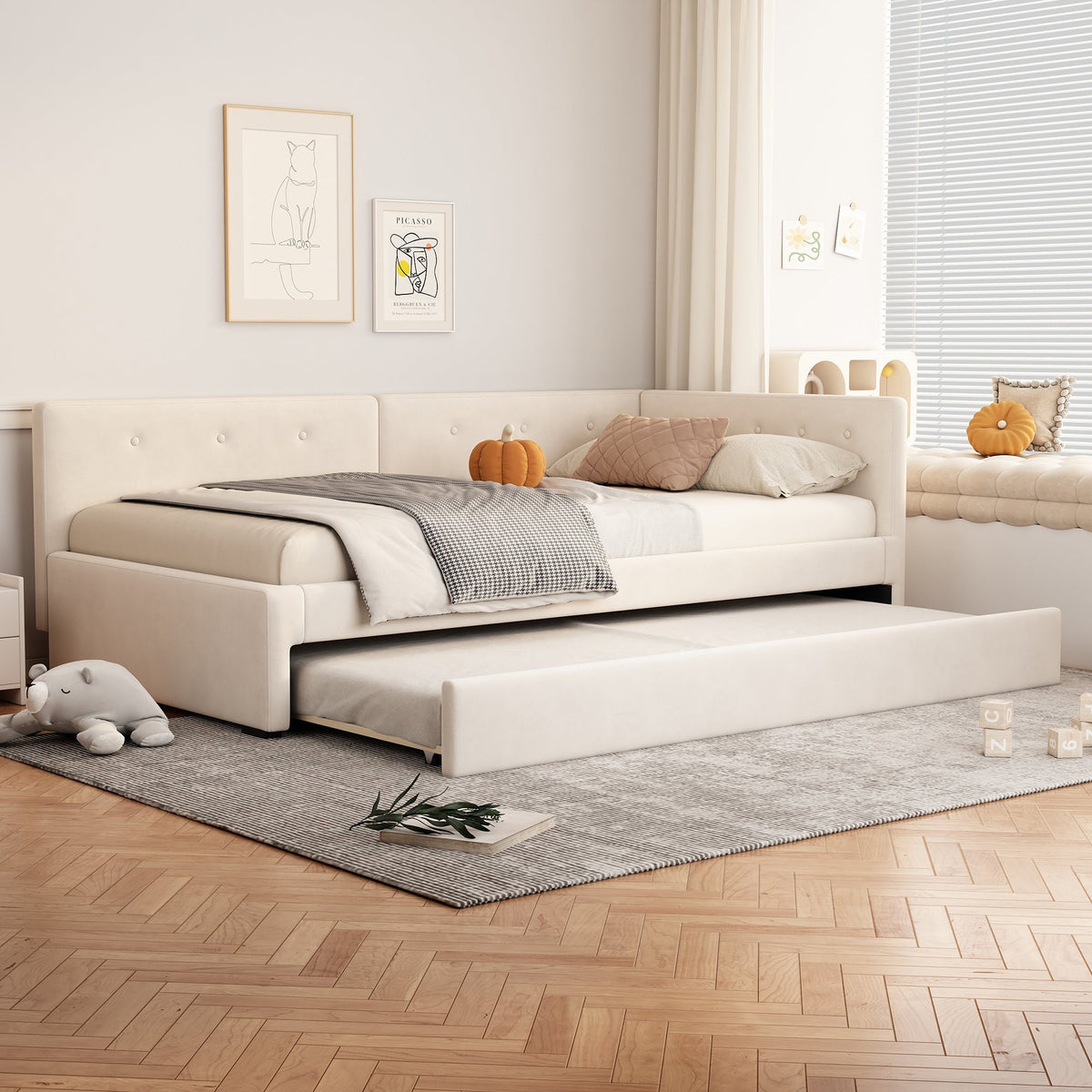 Daybed 90x200cm Rollaway Bed Minimalist Style - Beige