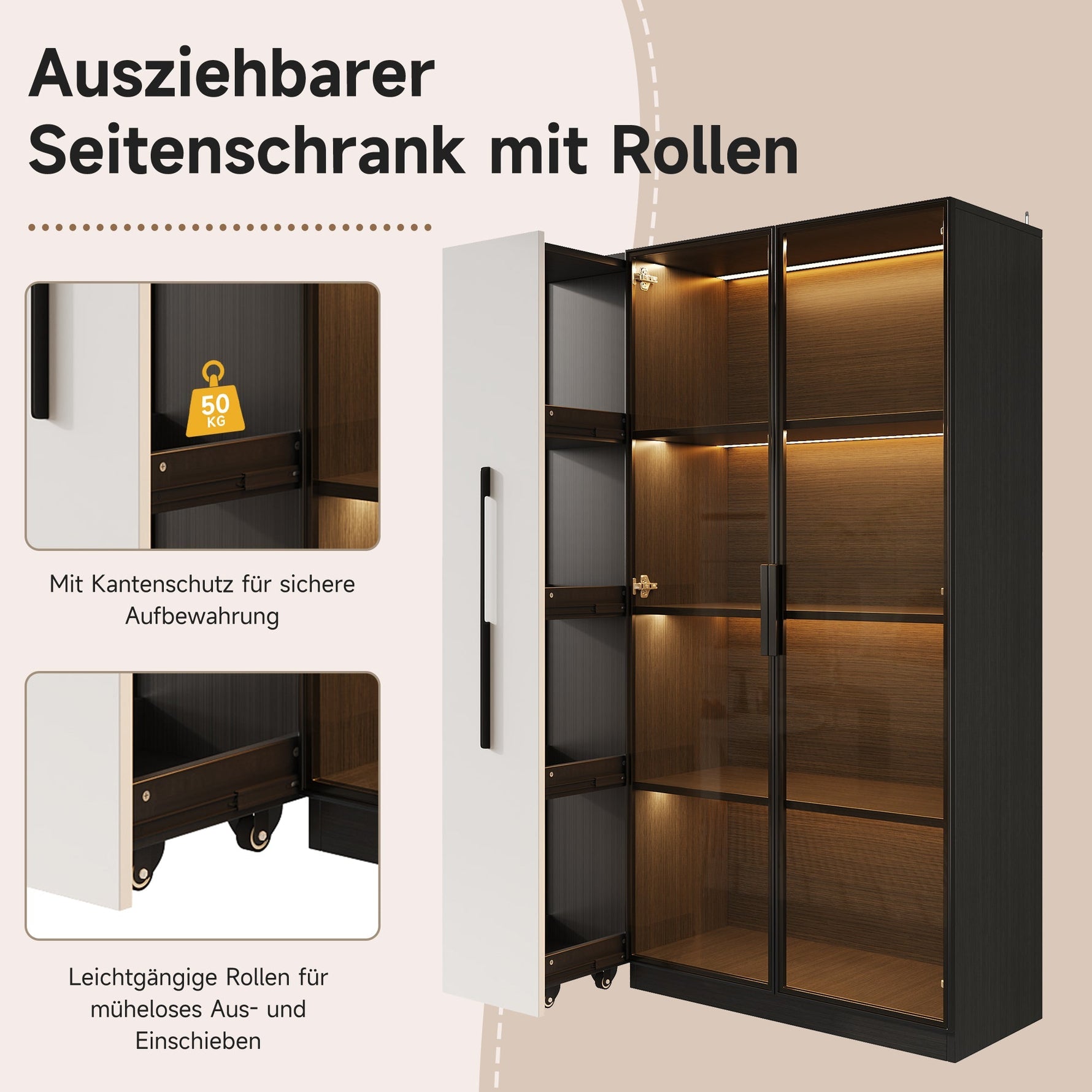 Multifunctional Cabinet 110.5x35x160cm LED Glass Door Pull-out Drawer Rolling - White/Black
