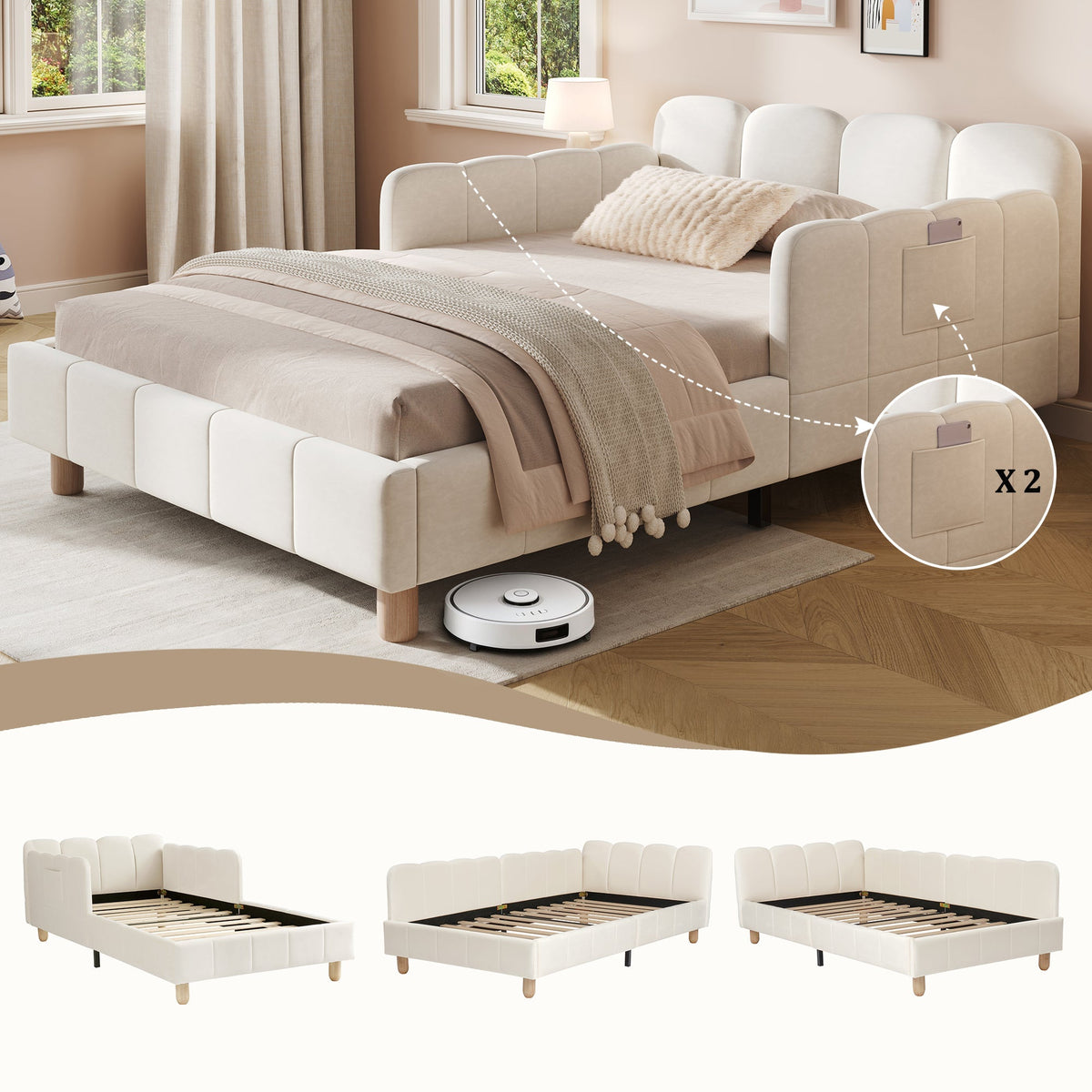 Beige upholstered bed with a robot vacuum cleaner on a wooden floor, with close-up details and additional beds shown below.