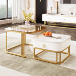 Stackable Coffee Table: High-Gloss Marble, Tea-Brown Glass, Gold Accents, Two-Piece Set