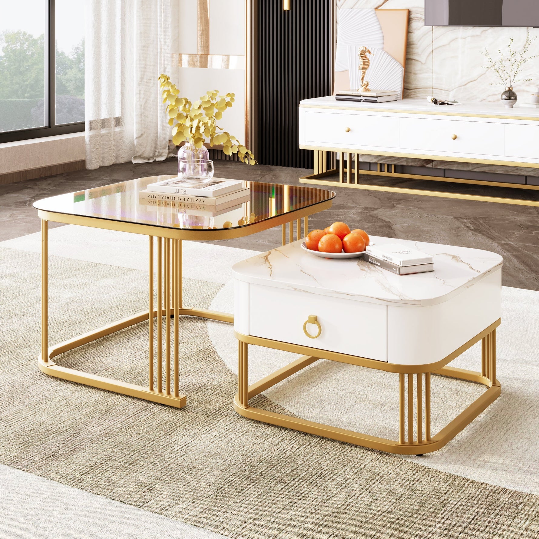 Stackable Coffee Table: High-Gloss Marble, Tea-Brown Glass, Gold Accents, Two-Piece Set