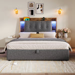 Upholstered Bed 90x200cm Flip-Top Storage LED USB/Type-C App Control - Linen Grey
