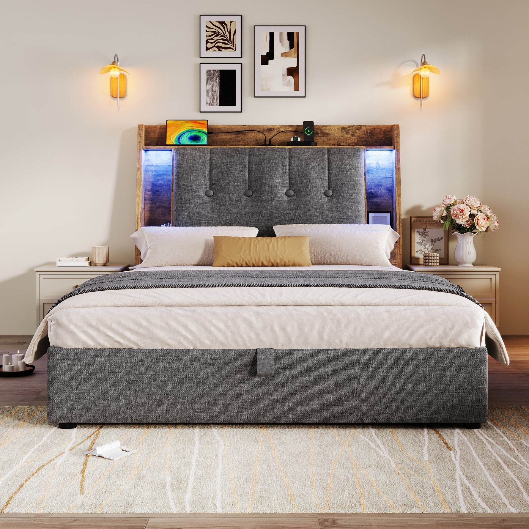 Upholstered Bed 90x200cm Flip-Top Storage LED USB/Type-C App Control - Linen Grey