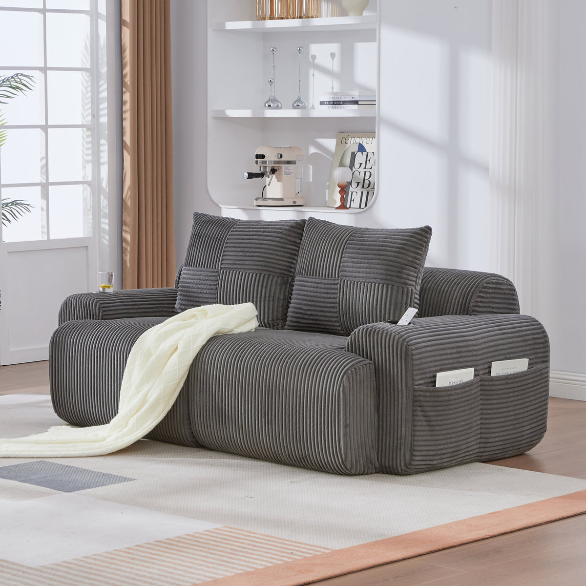 Modular Corduroy 2-Seater Sofa with Cup Holder and Storage Pocket, Dark Grey