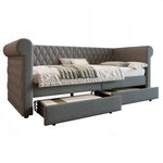 Vintage Upholstered Daybed 90x200cm with 2 Drawers, Grey Linen
