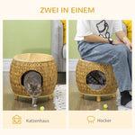 Cat Cave, Water Hyacinth Grass with Washable Cushion, Light Brown + Natural Wood + Grey