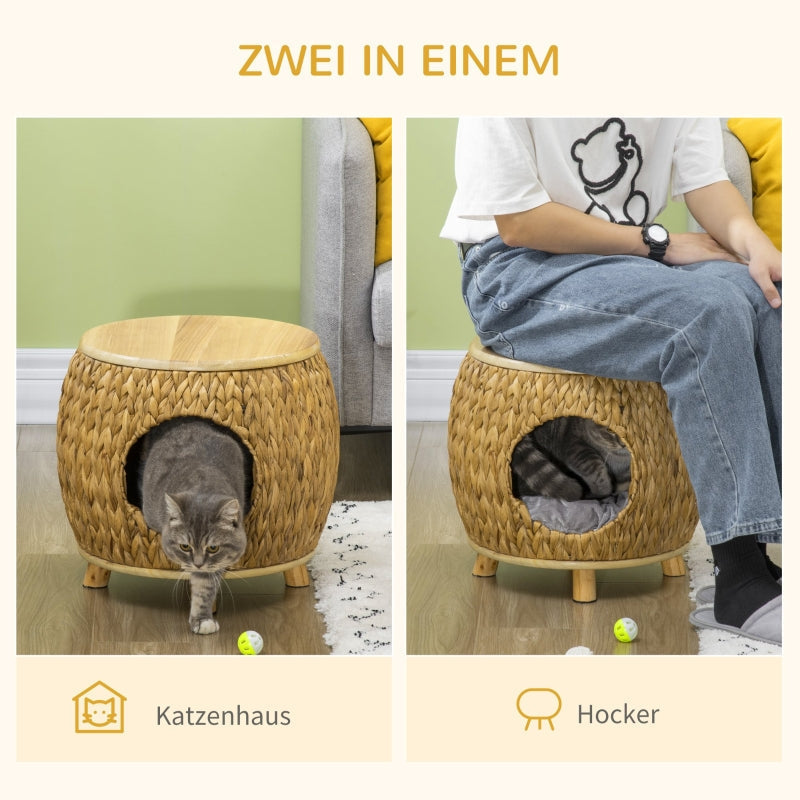 Cat Cave, Water Hyacinth Grass with Washable Cushion, Light Brown + Natural Wood + Grey