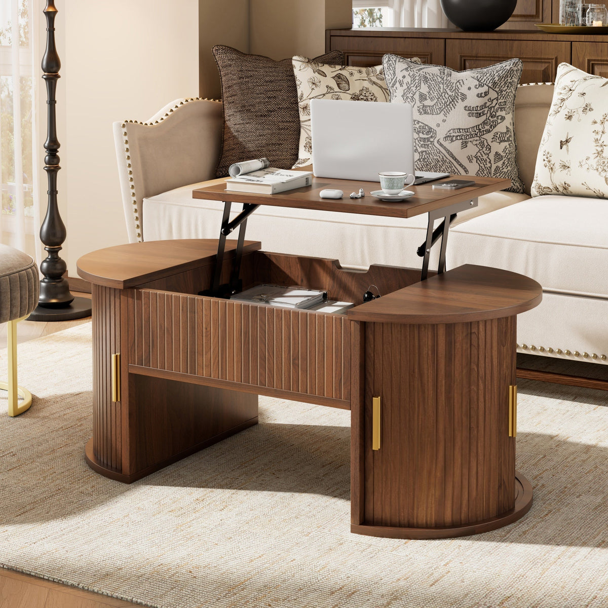 Modern Height-Adjustable Coffee Table with Storage and Sliding Doors, Wood