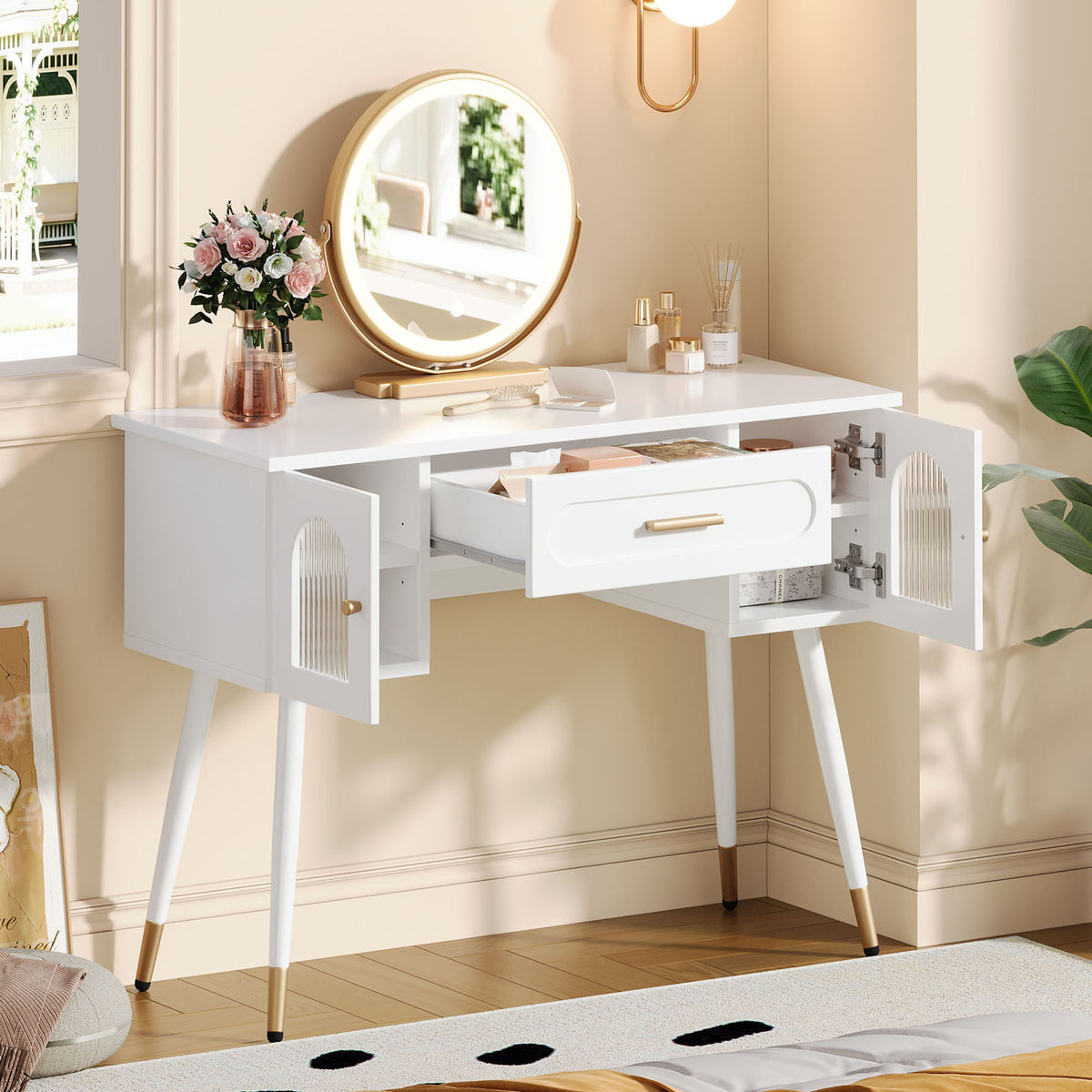 LED Dressing Table with Mirror, 1 Drawer & 2 Doors, White