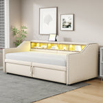 Extendable Upholstered Sofa Bed with Storage, LED and USB, 90/180x200cm, Beige Velvet