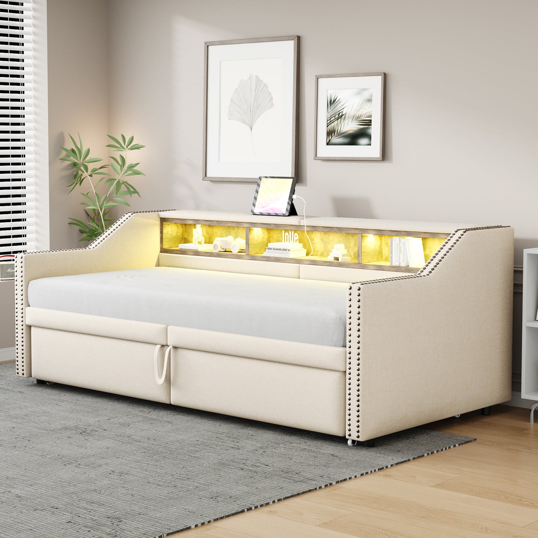 Extendable Upholstered Sofa Bed with Storage, LED and USB, 90/180x200cm, Beige Velvet