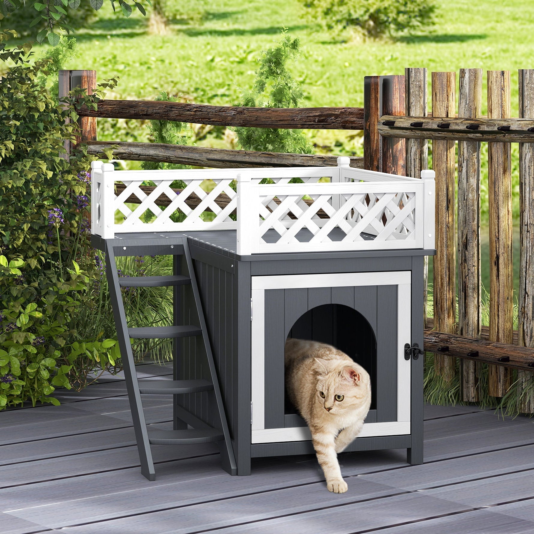 Cat Cave, Hut with Balcony & Stairs, Fir Wood, Grey
