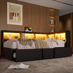 Metal Daybed with Pull-out Bed, Storage Cabinets, LED Lighting and USB Ports, 90x200cm, Black Metal
